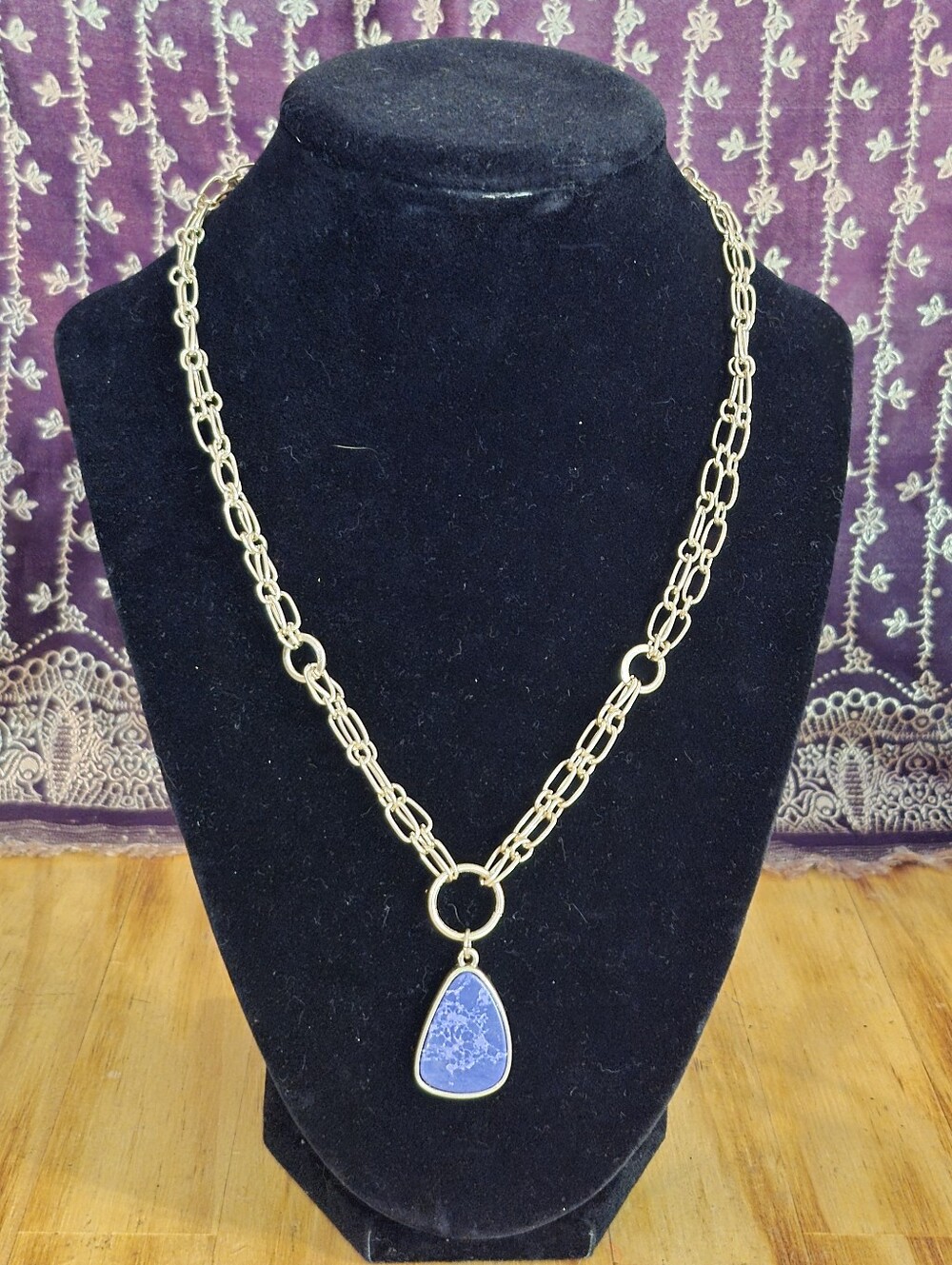 Gold Tone Chain Necklace with Blue Stone Pendant